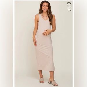 Beige Ribbed Sleeveless Ruched Side Slit Maternity Midi Dress